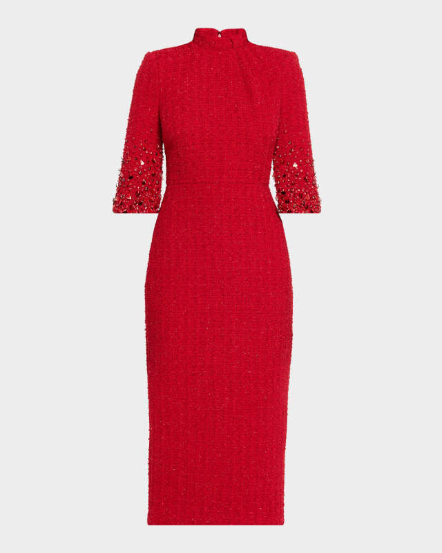 Mock-Neck Beaded Shimmer Tweed Midi Dress